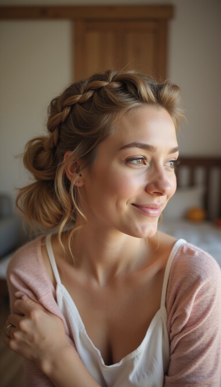 Braided Crown With Low Messy Bun