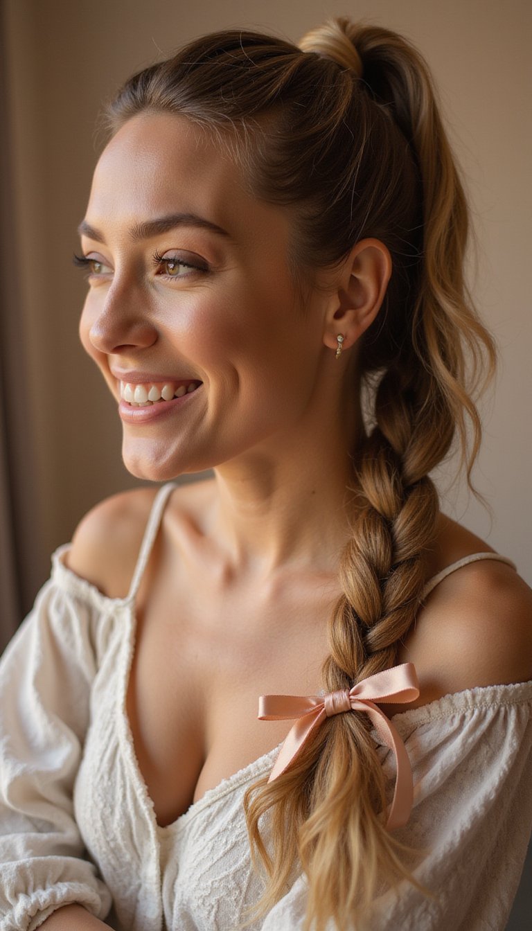 Braided Ponytail Wrapped With Satin Ribbon