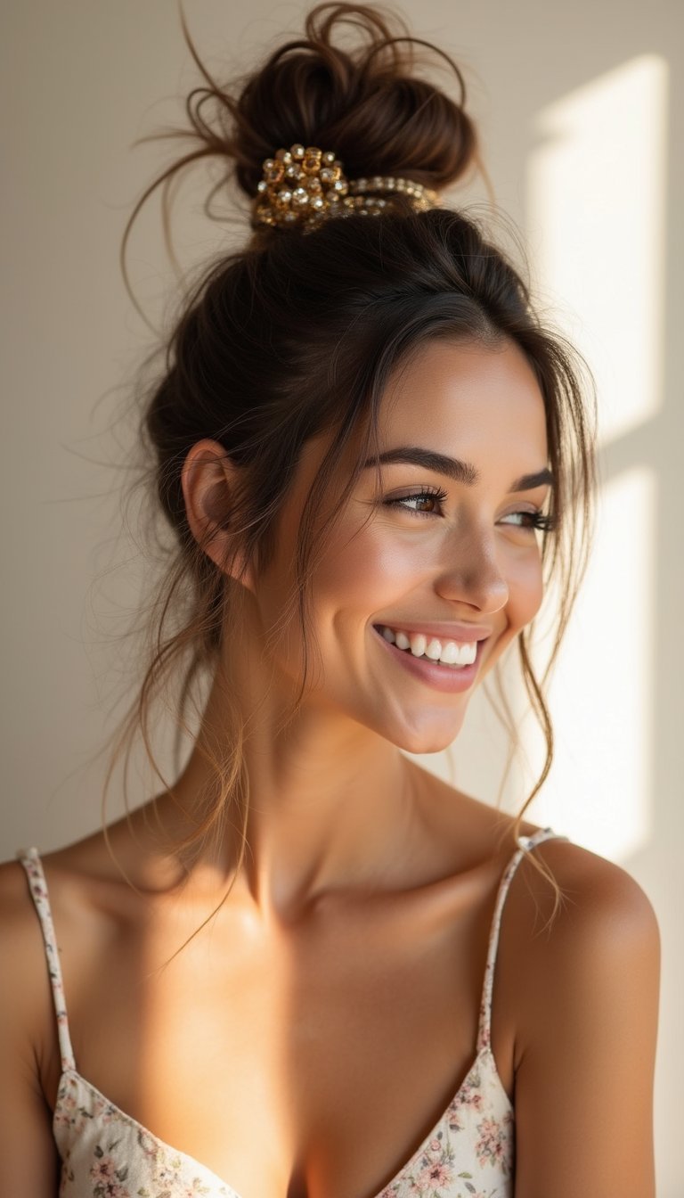 High Top Knot With Statement Barrettes