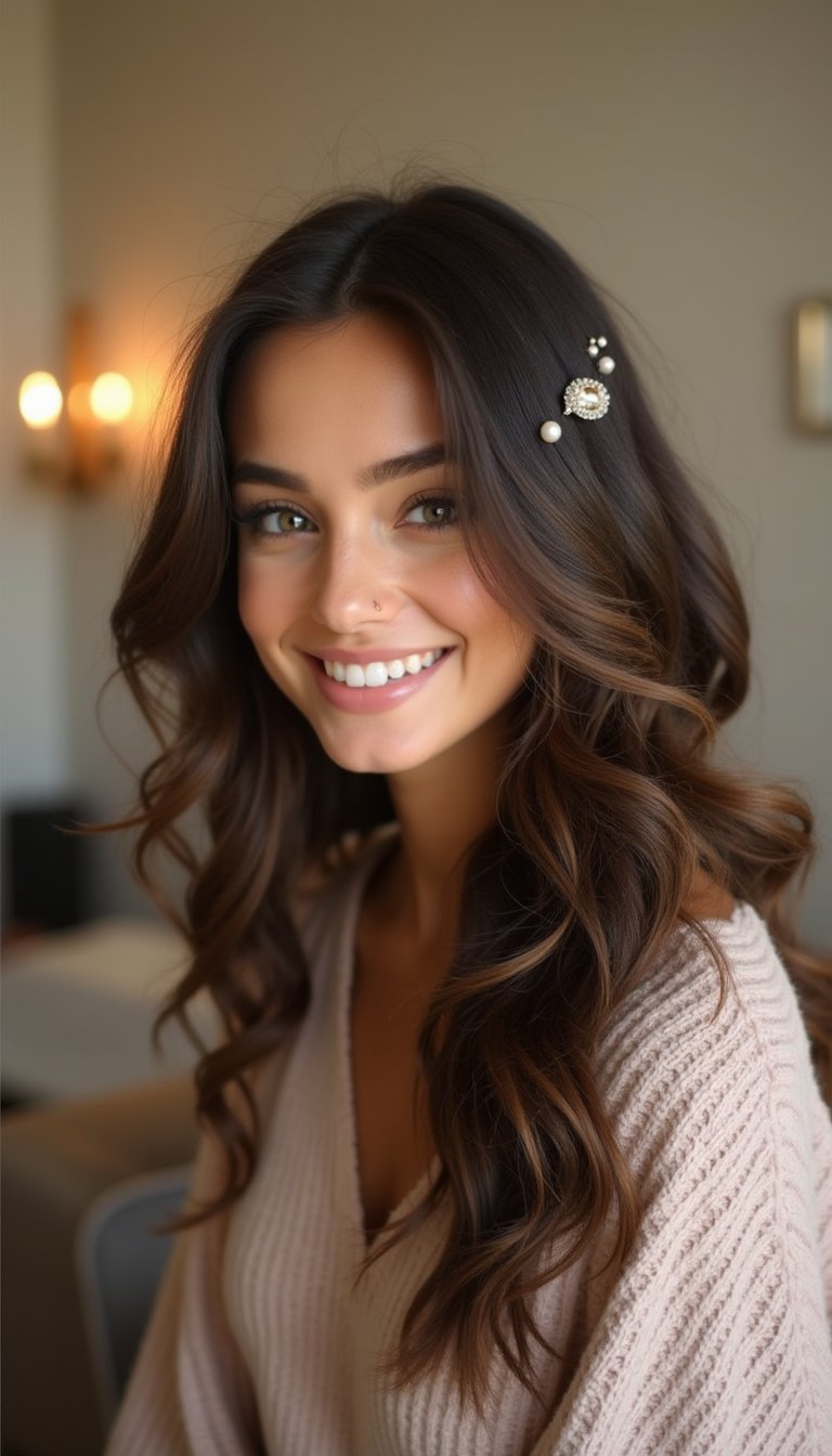 Loose Waves With Decorative Pins For Glam