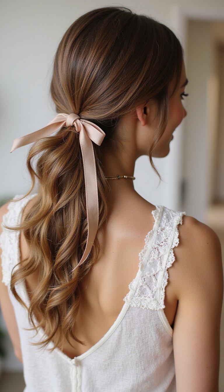 Ribbon-Tied Low Ponytail With Volume And Texture