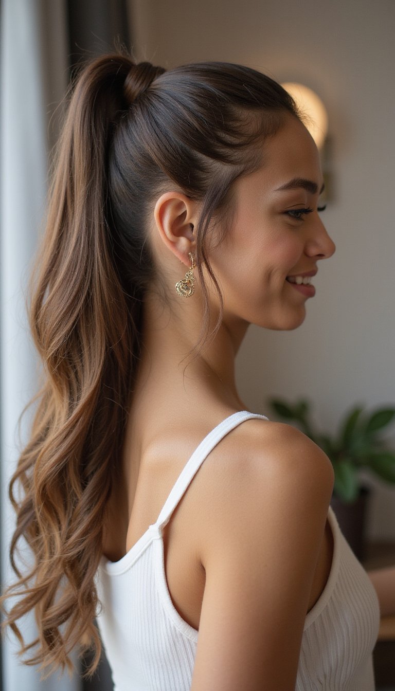 Sleek Center-Part Ponytail With Mirror Shine