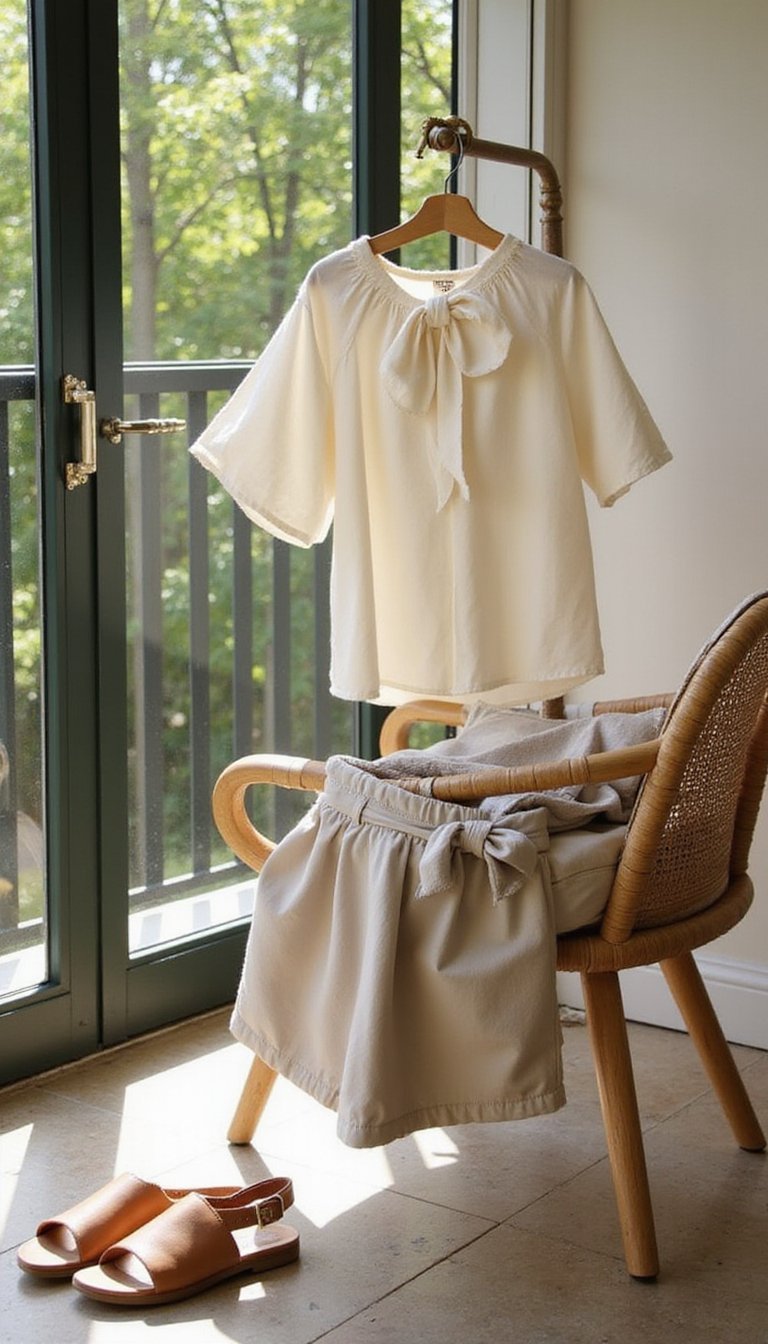 Bow-back blouse with high-waisted shorts