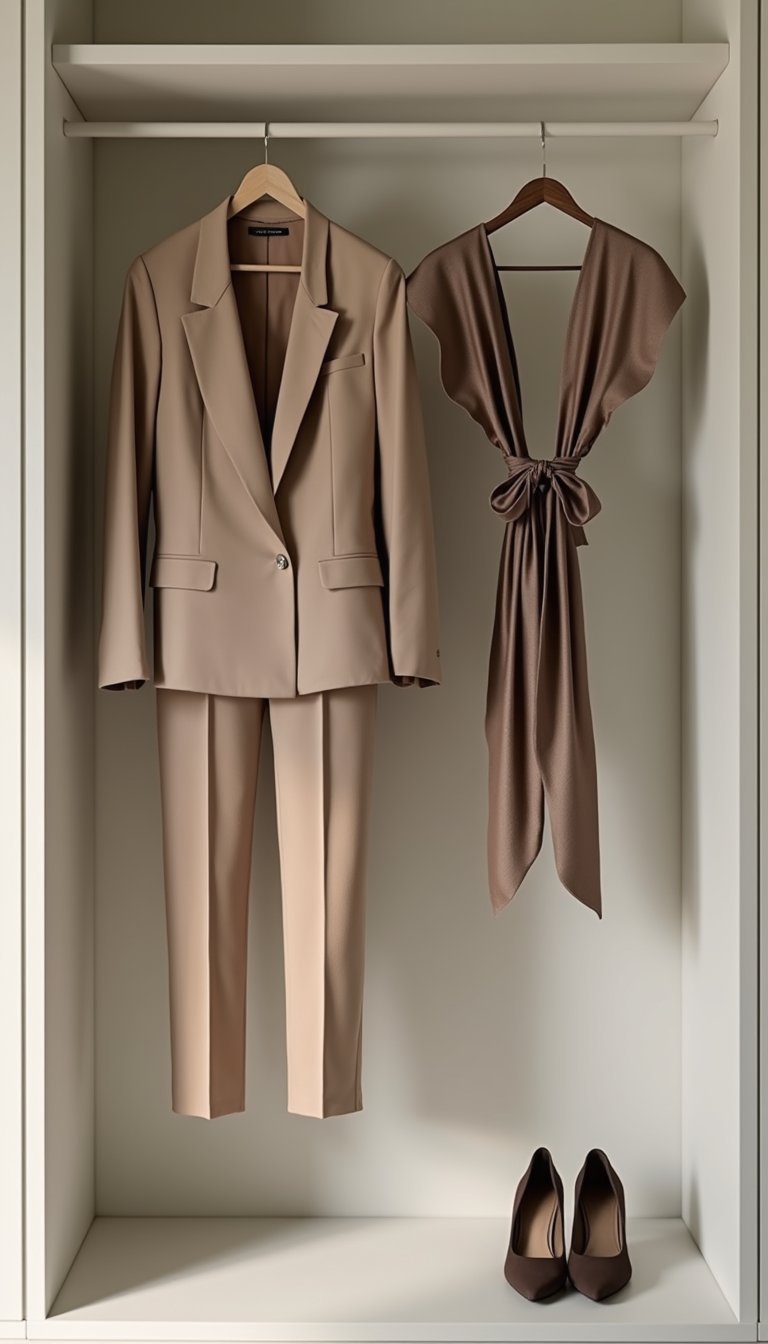 Bow-tied waist sash on a tailored pantsuit