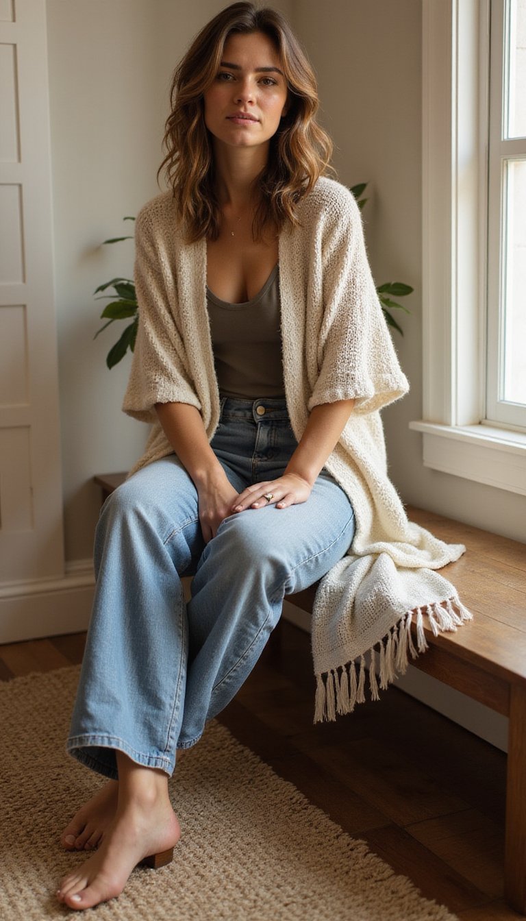 Casual fringe kimono with relaxed jeans
