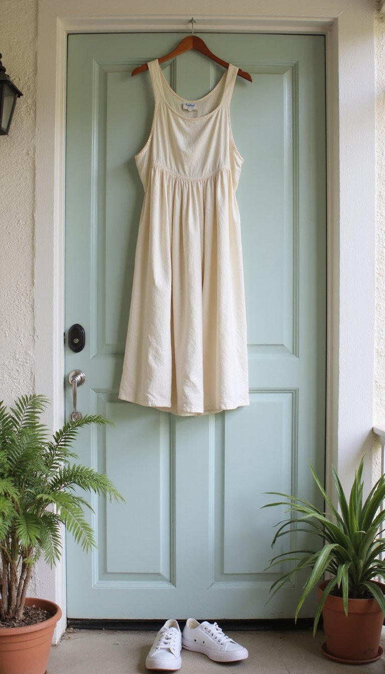 Embroidered sneakers with flowy sundress