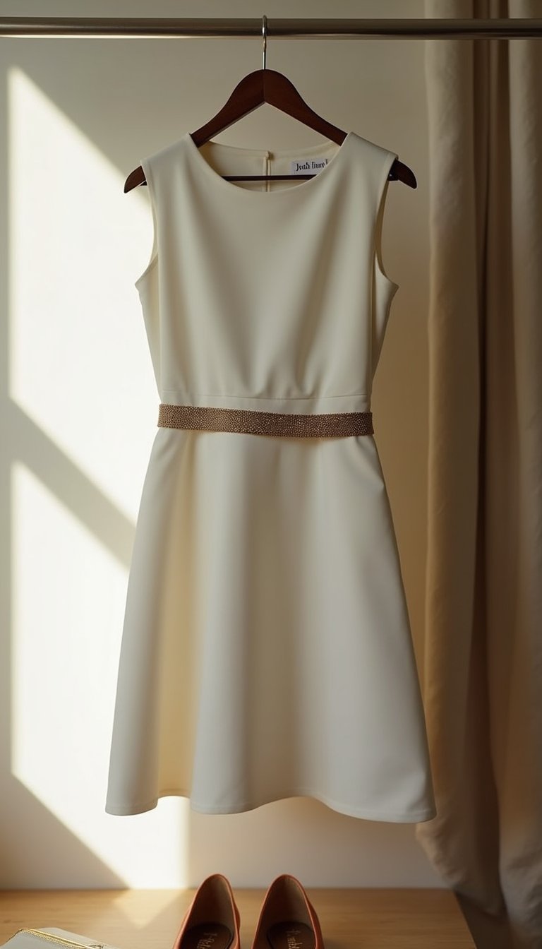 Metallic belt on a classic shift dress