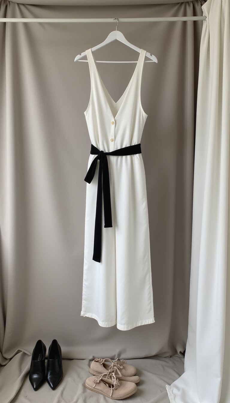 Monochrome Jumpsuit with Ribbon Sash