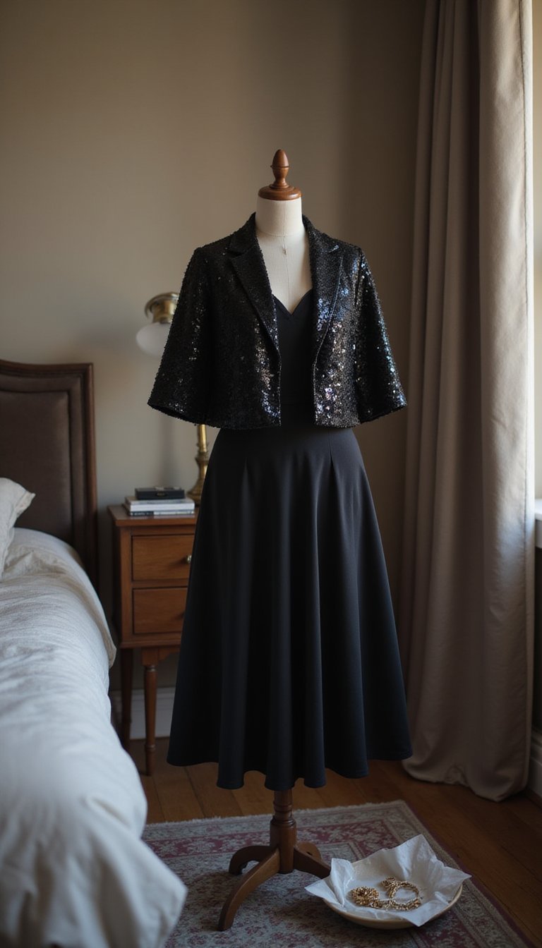 Night-sky look with a sequined capelet