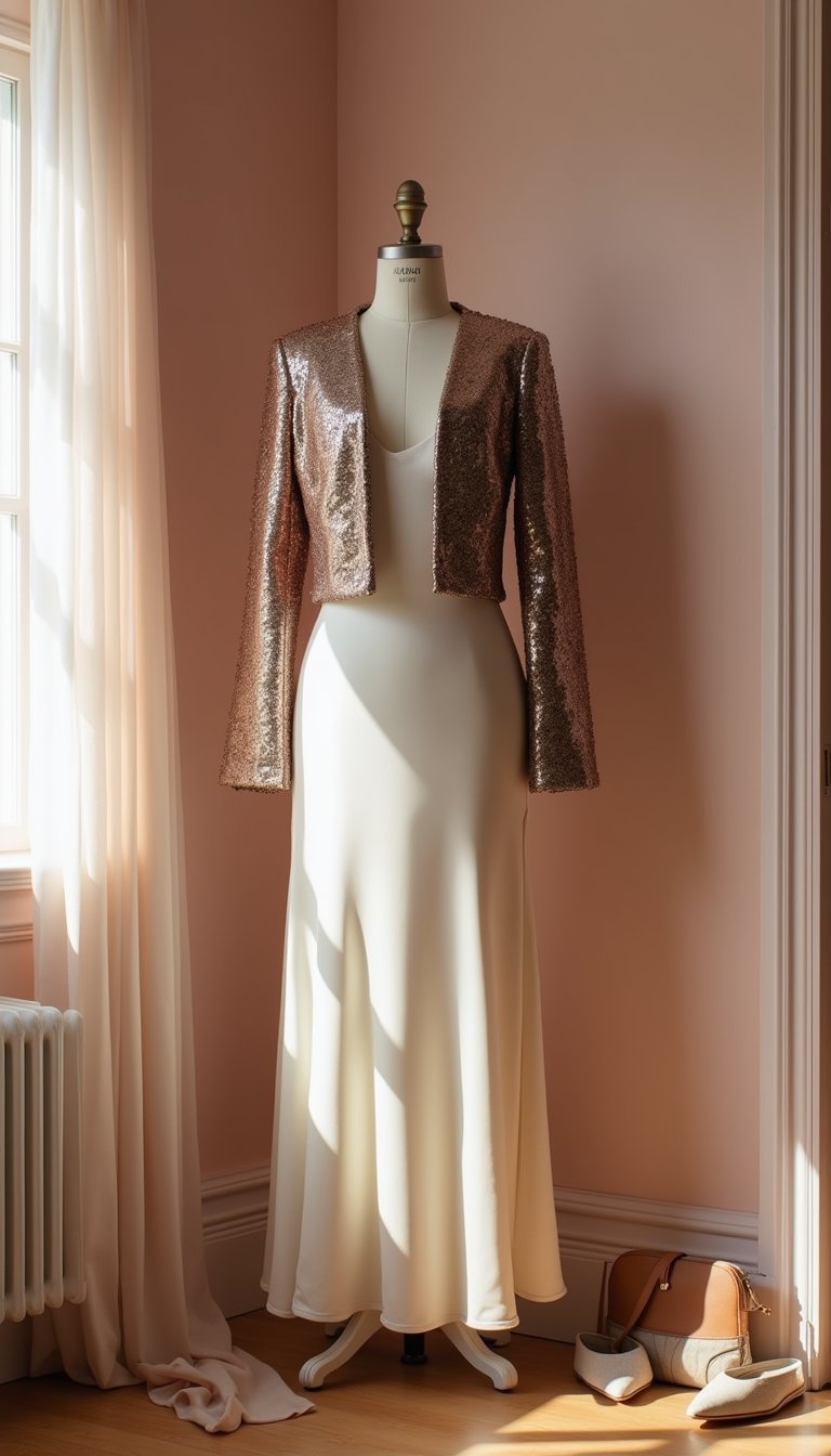 Sequin Jacket over a Simple Slip Dress