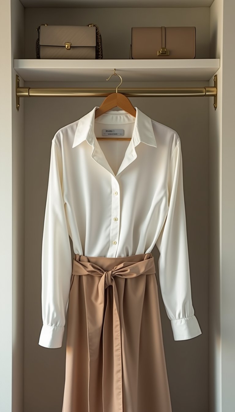 Statement collar blouse paired with a midi skirt