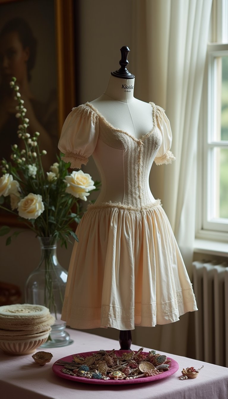 Vintage brooch and tea-length dress combo