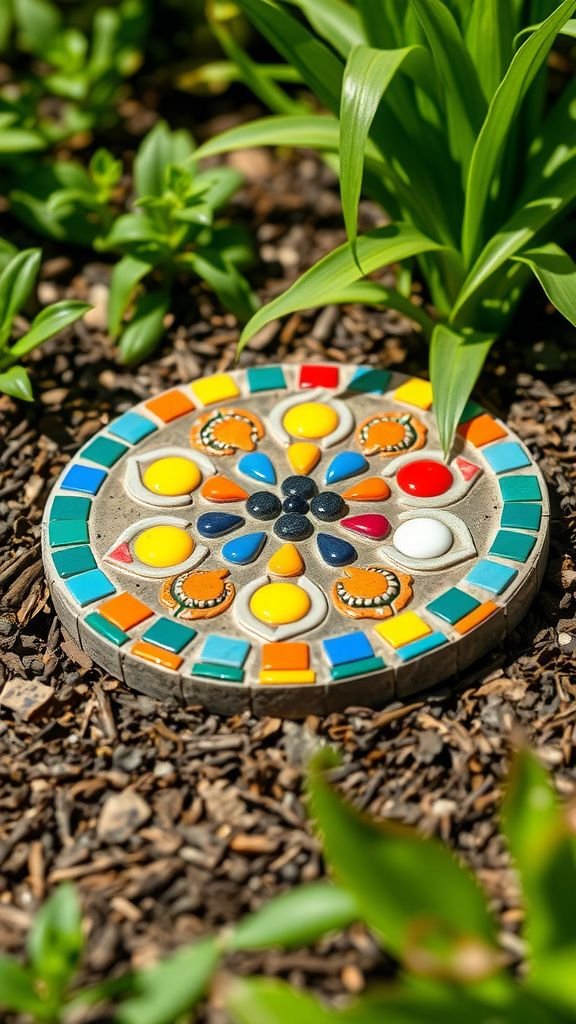 Garden mosaic stepping stone with bright tiles