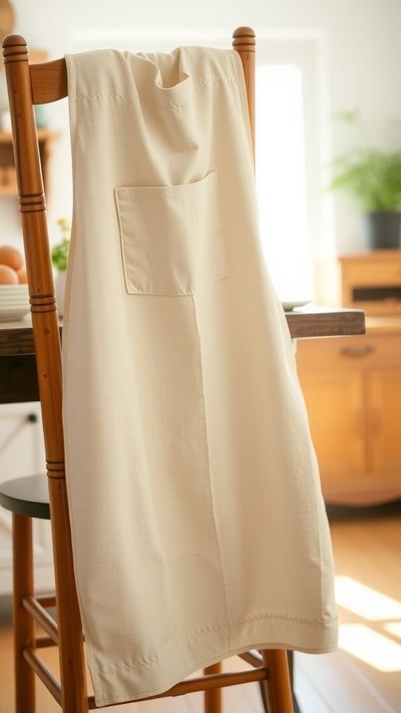 Upcycled tea towel apron with cozy pocket